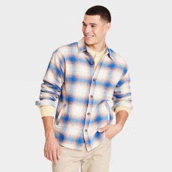 NWT-GoodFellow-Heavyweight Flannel Long Sleeve Button-Down Shirt -Blue-Size L - Picture 1 of 11